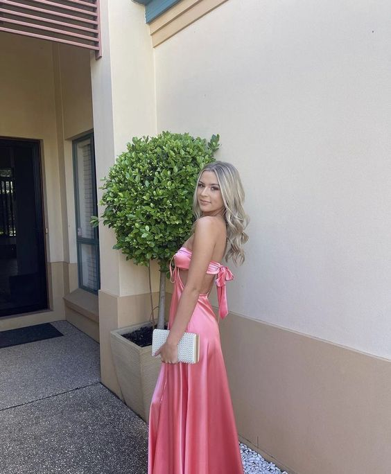 Sexy Backless Pink A-Line Satin Evening Dress Long Prom Party Dress - FashionDia