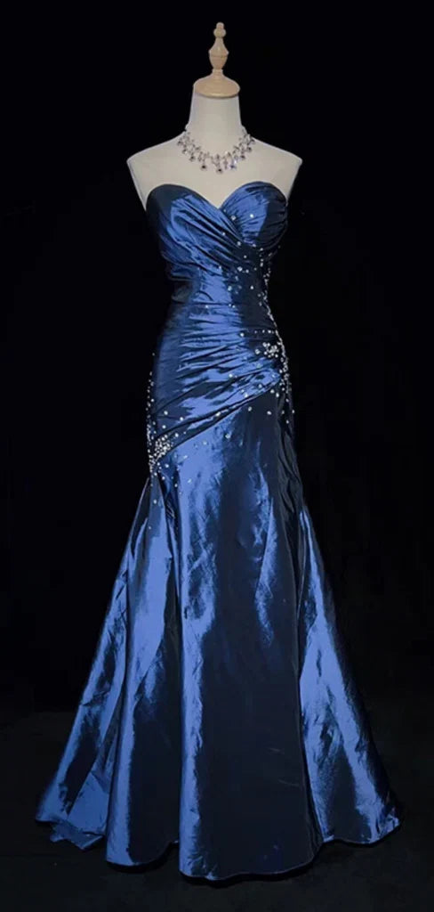 Sexy Sweetheart Blue Mermaid Satin Beaded Long Prom Dress Party Gown - FashionDia