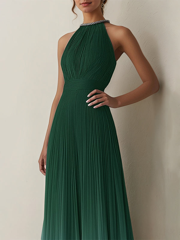 Evening Halter Dress Green-Blue Ombre Pleated Chiffon Floor-Length Dress