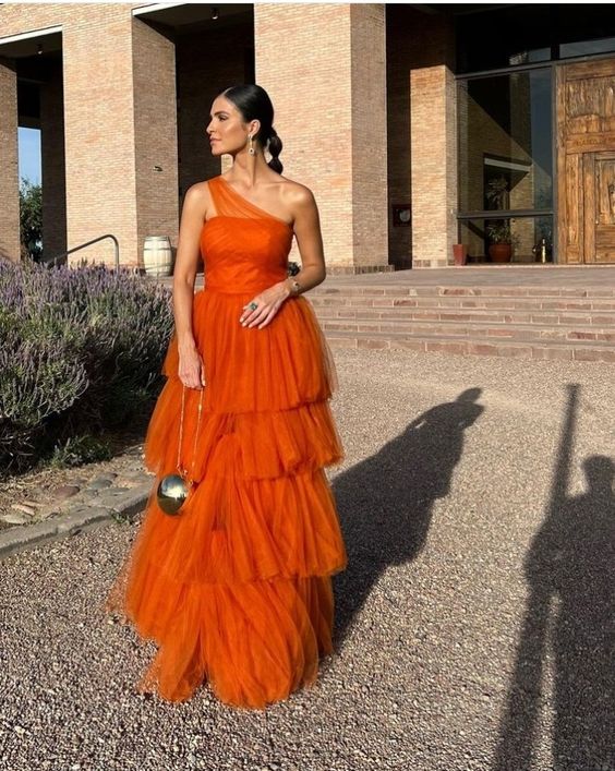 Orange Layers Tulle Long A Line Prom Dress Evening Dresses