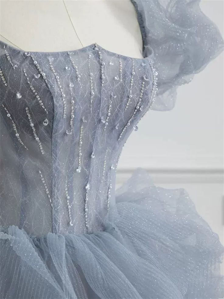 Gray tulle long prom dress A-line evening dress