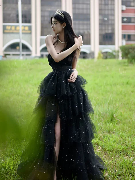 Glitter Black Tulle Layered Long Prom Dress Slit Fairy Ball Gown Party Dress - FashionDia