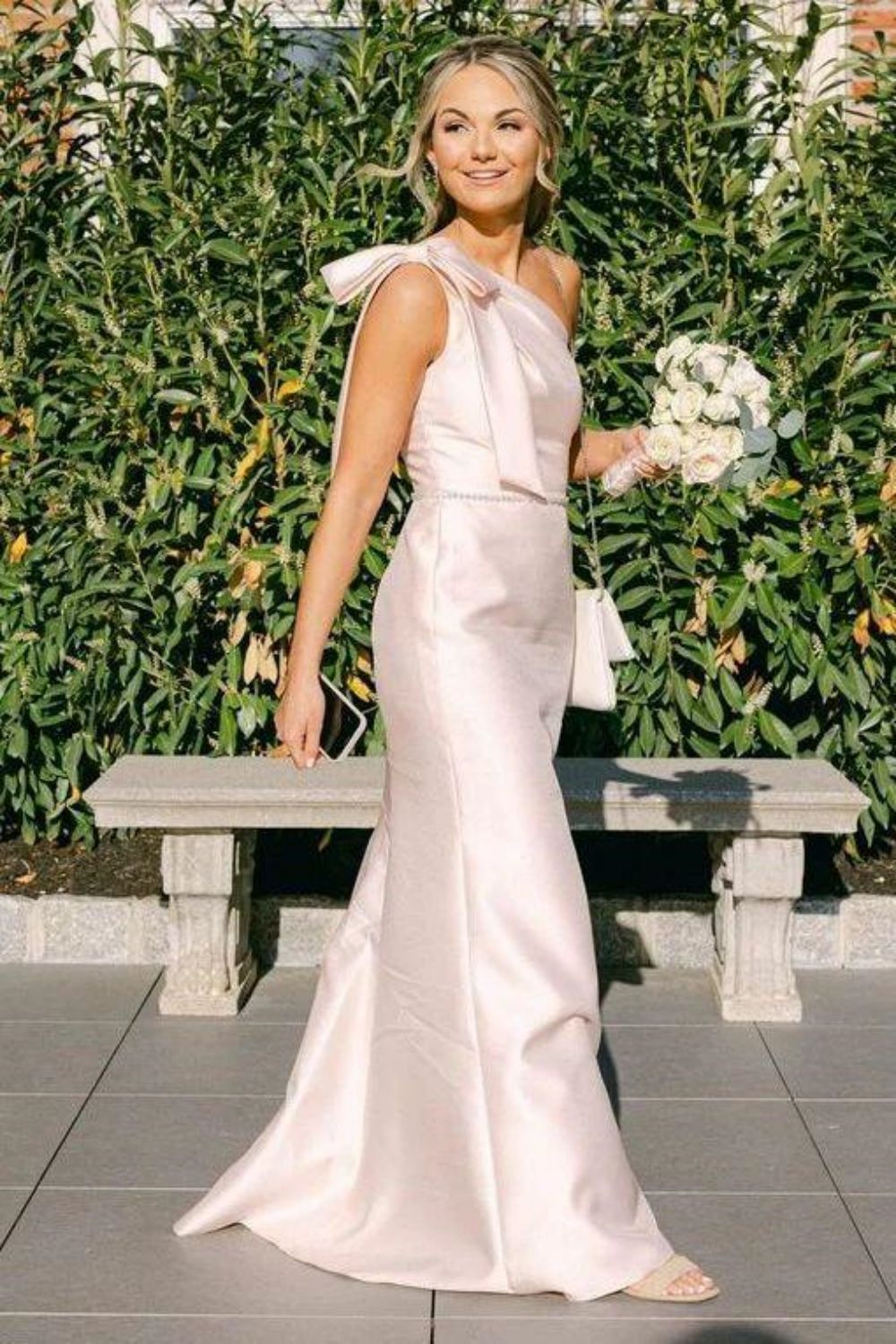 Elegant A Line One Shoulder Pink Long Bridesmaid Dress with Bowknot