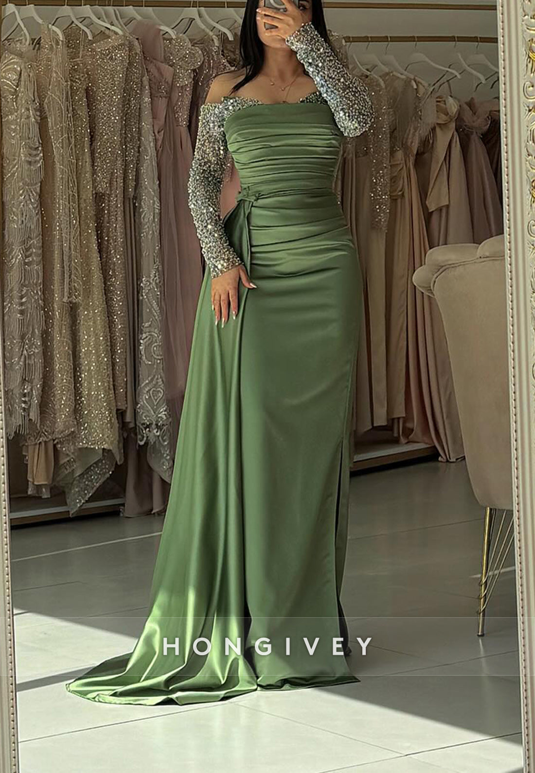 Court Train A-line Off the Shoulder Satin Pleated Appliqued Evening Gown
