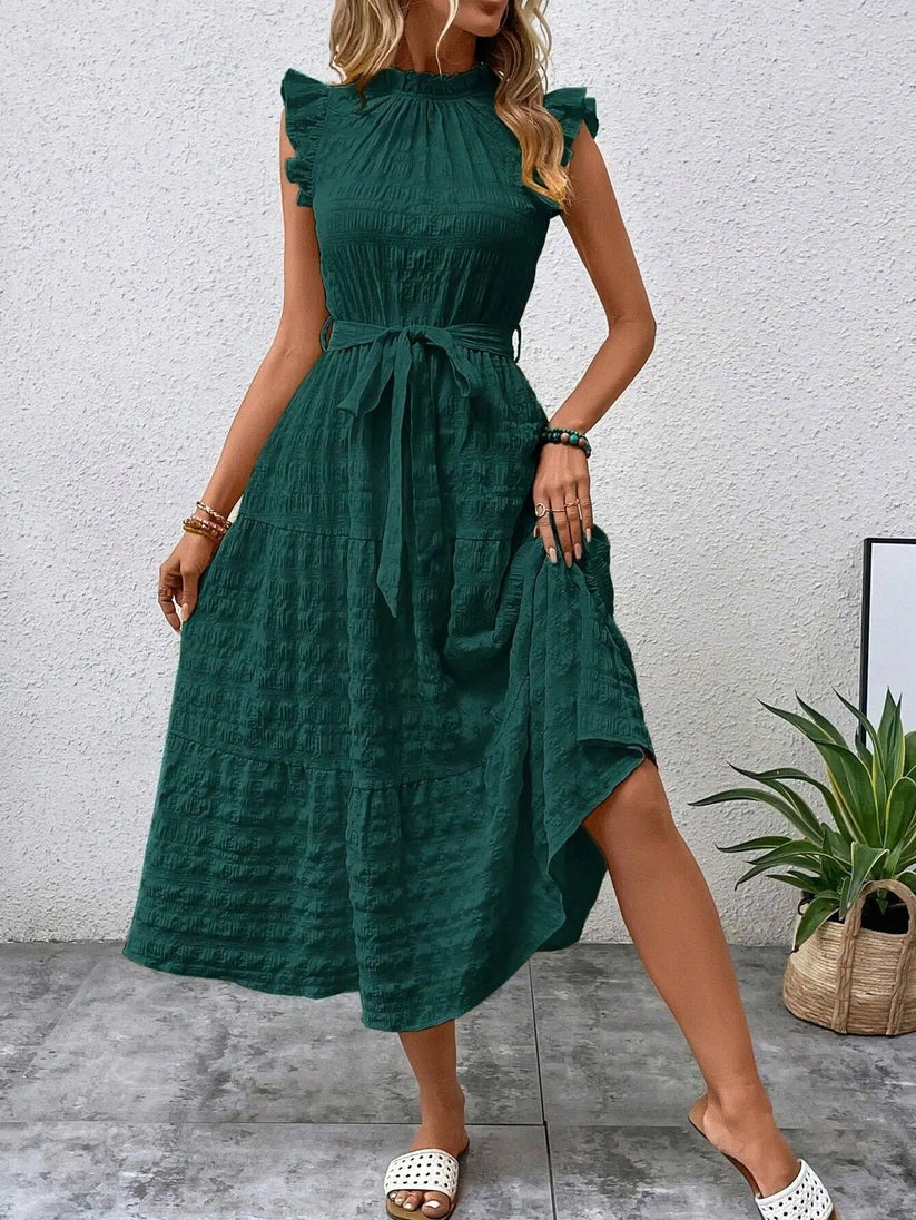 Evelyn Luxe Dress with Belt and Ruffles Elevated Occasion Wear