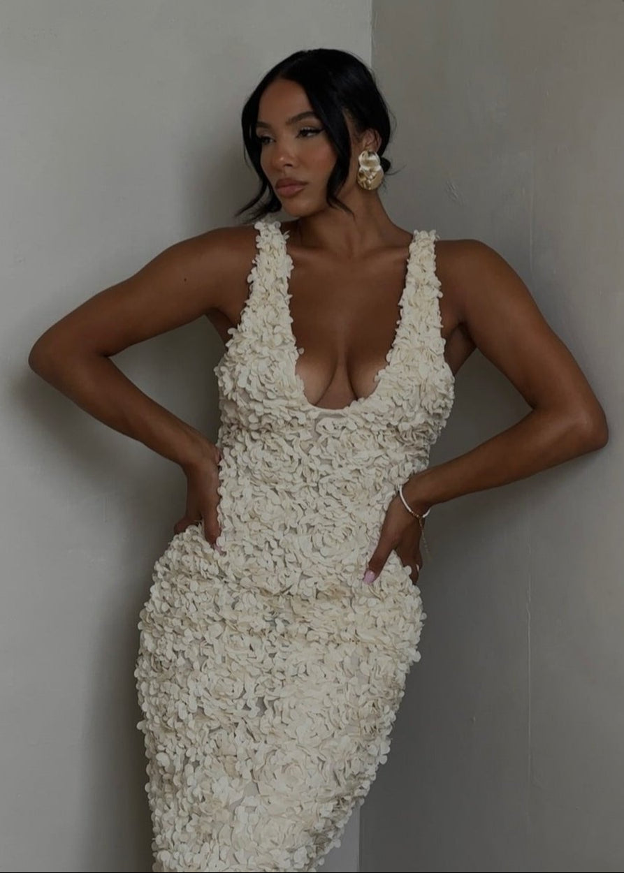 Ivory Petals TextuRed Plunge Maxi Dress