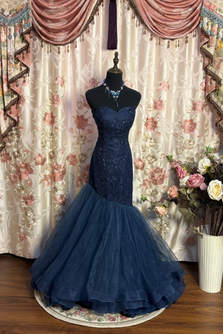 Sweetheart Navy Blue Mermaid Long Prom Dress Vintage Evening Gowns