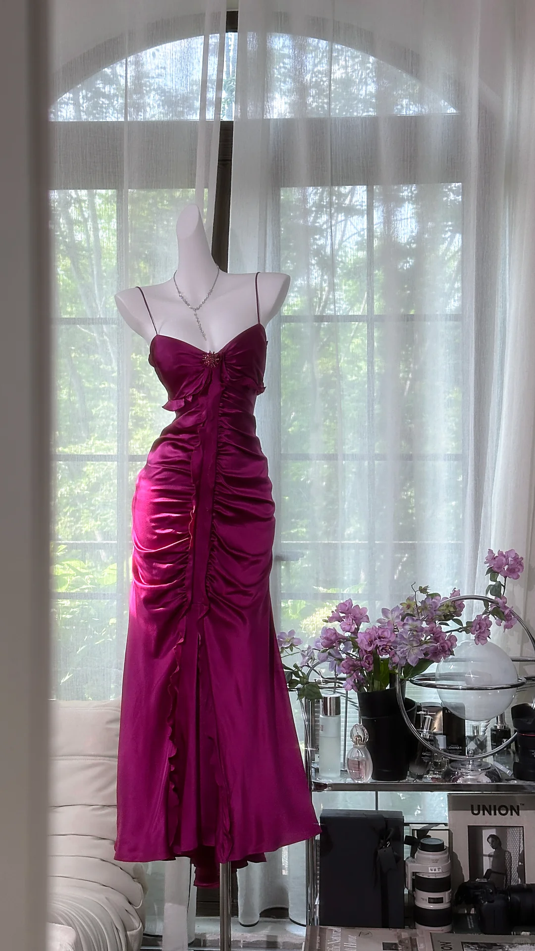 Vintage Spaghetti Straps Satin Pleated Hot Pink Long Party Dress Prom Gown - FashionDia