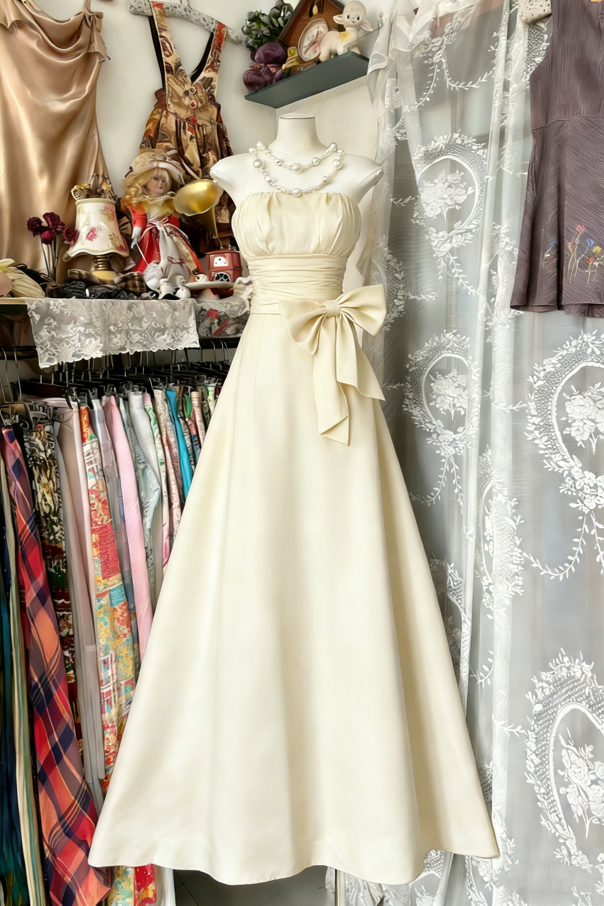 Elegant Navy Blue Strapless Satin Bow A-Line Long Wedding Guest Dress Party Dress - View 7 | FashionDia