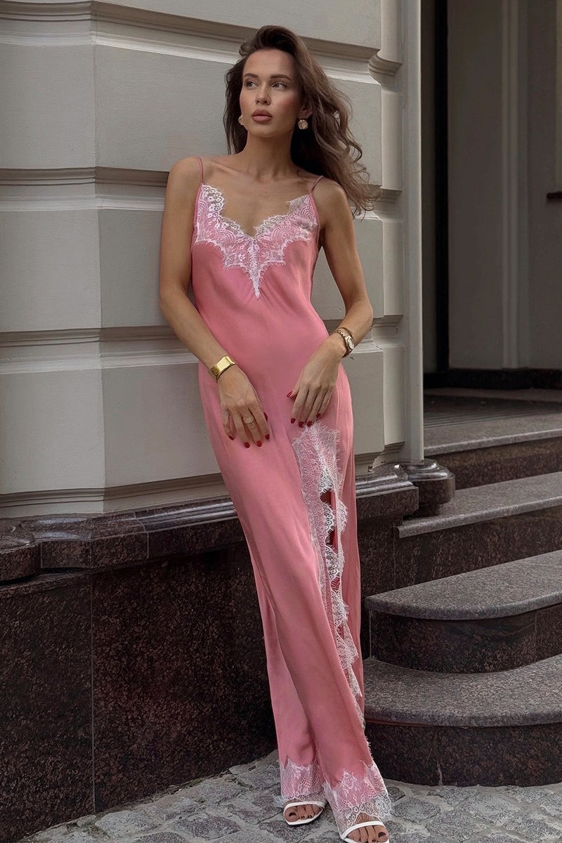 Satin Spaghetti Strap Split Lace Dress - View 2 | VelvetHem