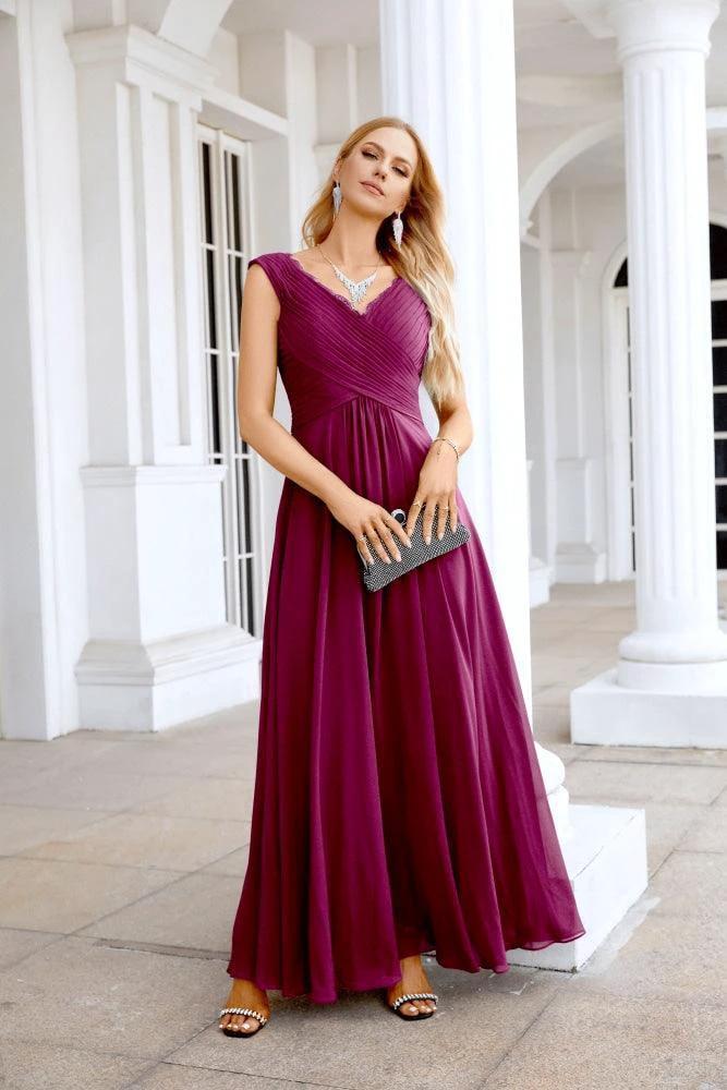 Ladies Chiffon V Neck Sleeveless Floor Length Bridesmaid Evening Dress Wedding Party Evening Dress 28126 by numbersea
