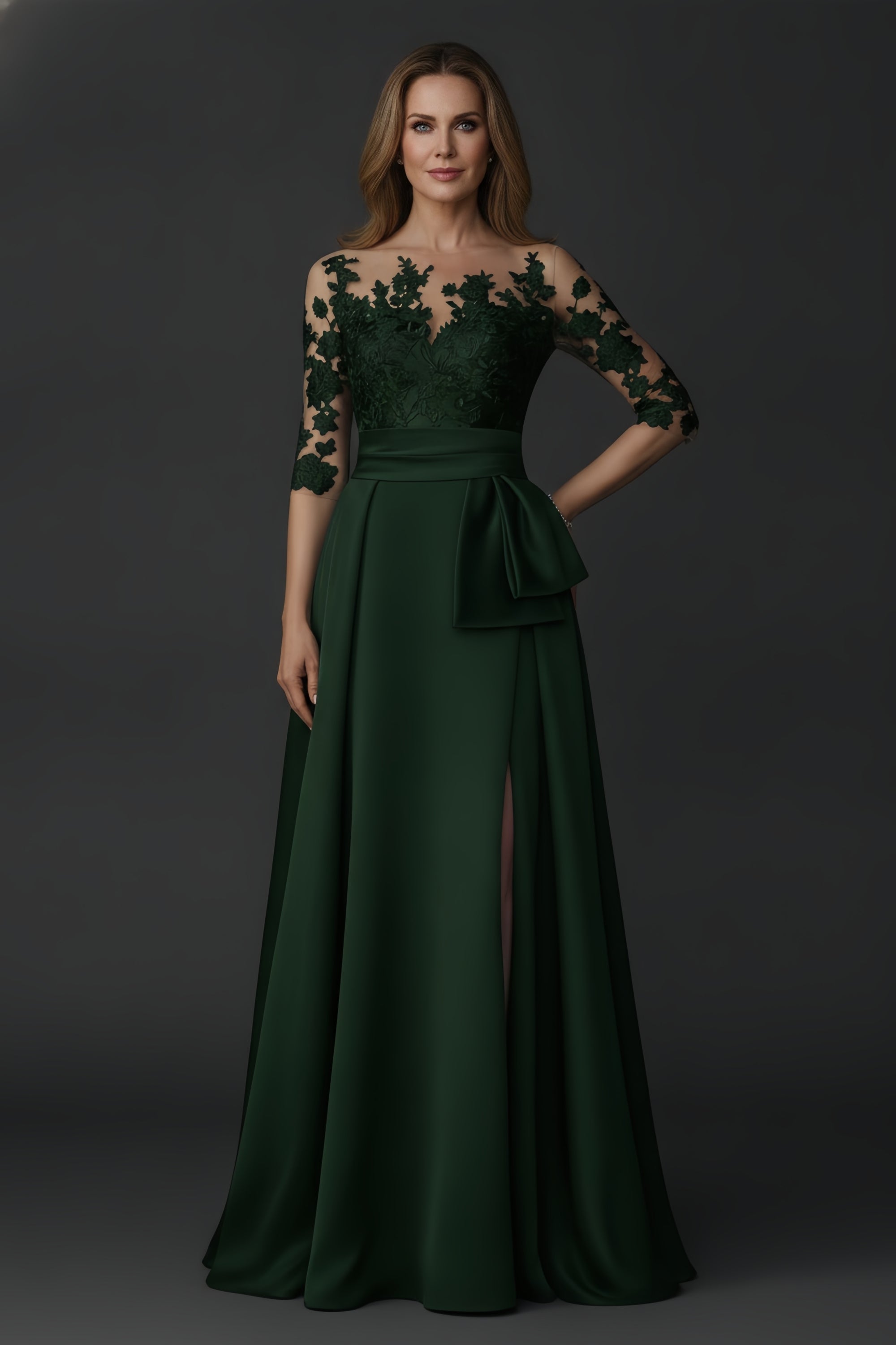 Elegant Lace Illusion Bodice Evening Gown with Bow