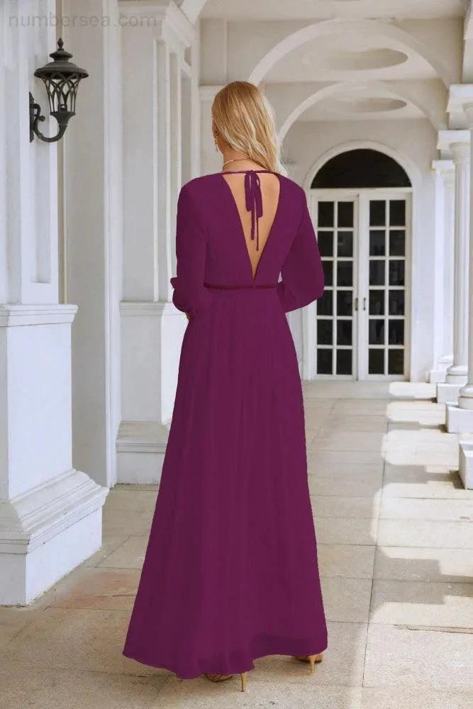 Ladies V Neck Chiffon Long Sleeve Front Slit Bridesmaid Evening Dress Wedding Party Shopping Evening Dress 28109 (ZD16991)