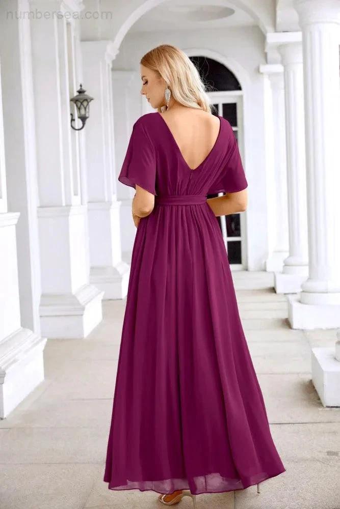 Ladies Chiffon Sleeve Crew Neck Front Slit Floor Length Bridesmaid Evening Dress Wedding Party Evening Dress 28124 (ZD17007)
