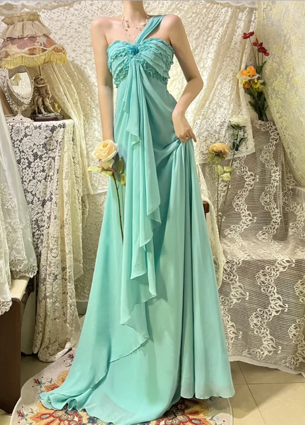 One-Shoulder Chiffon Long Prom Dress Ruffle Evening Dress Bridesmaid Dresses
