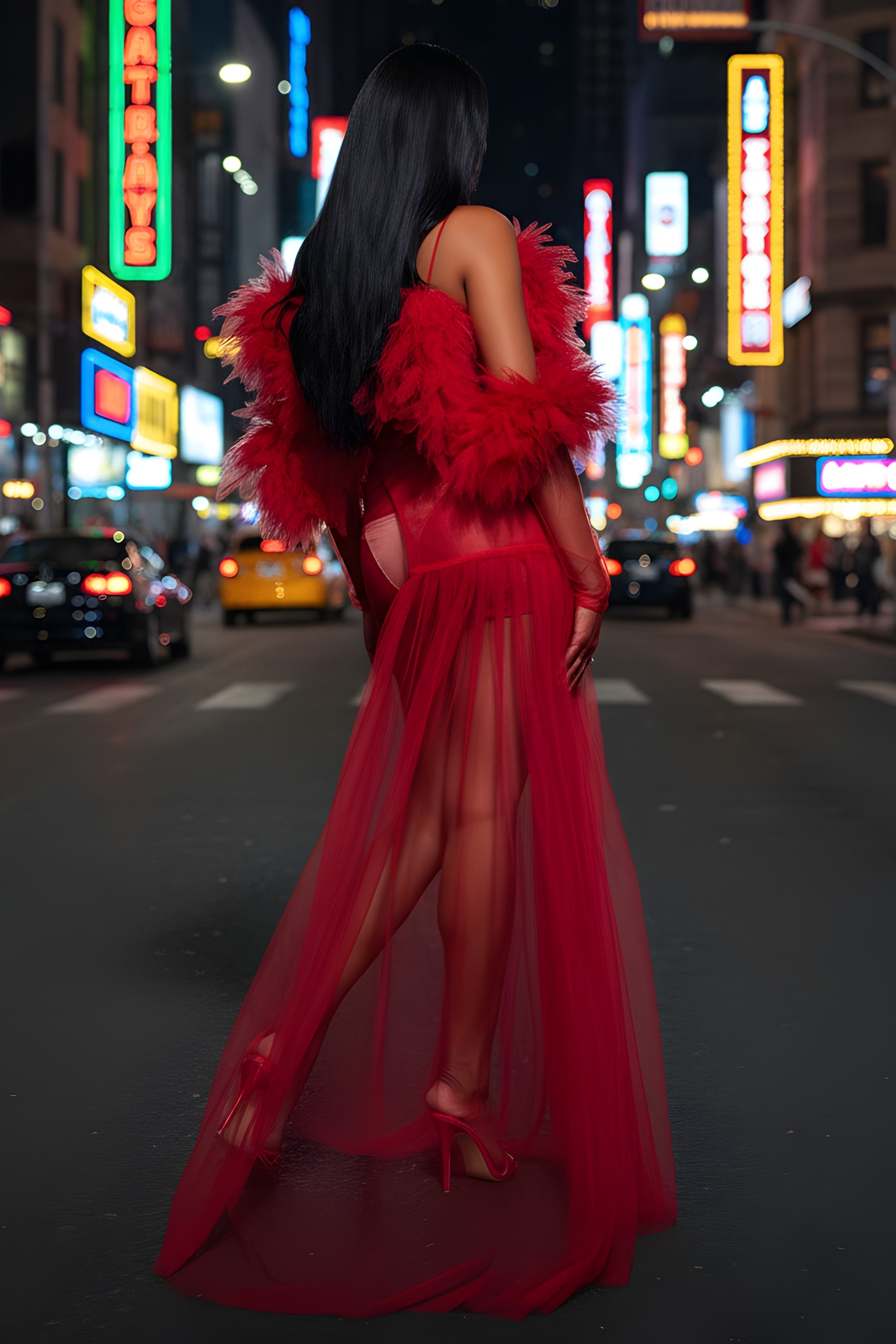 Dramatic Feather Trim Sheer Tulle High Low Evening Gown