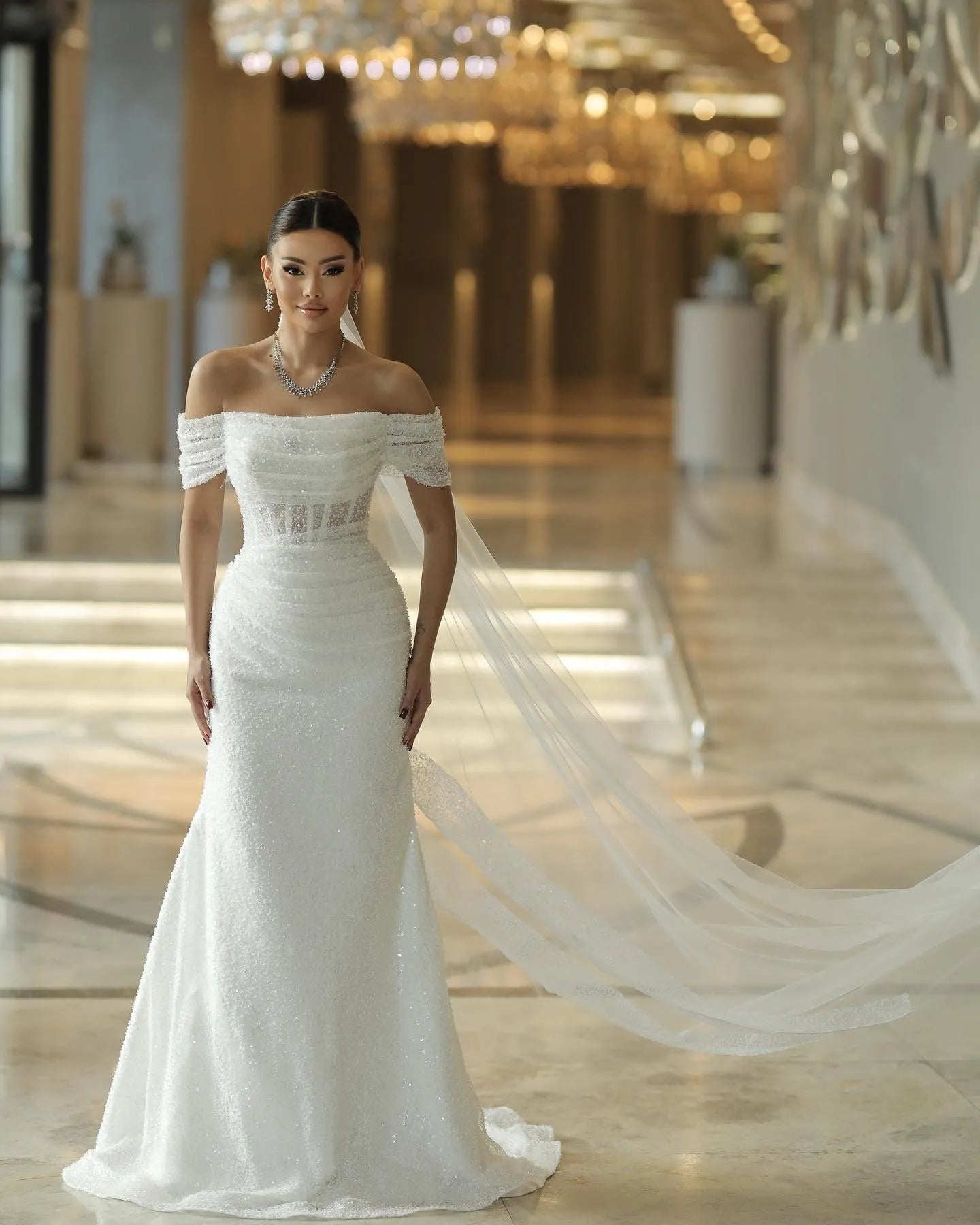 Elegant Mermaid Wedding Dresses Off The Shoulder Sequines Bridal Dress Boho Beach Wedding Prom Ball Gowns Customized