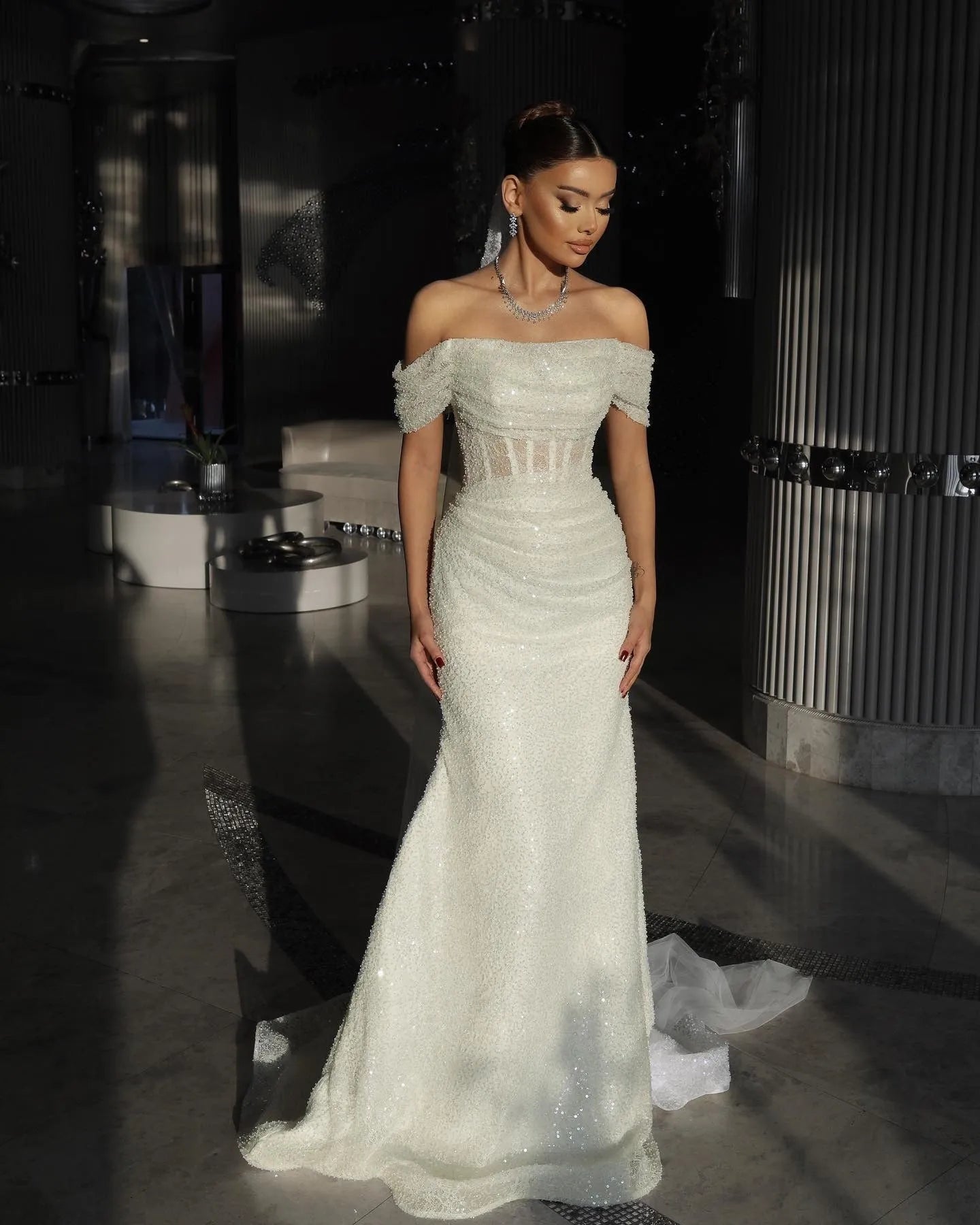 Elegant Mermaid Wedding Dresses Off The Shoulder Sequines Bridal Dress Boho Beach Wedding Prom Ball Gowns Customized