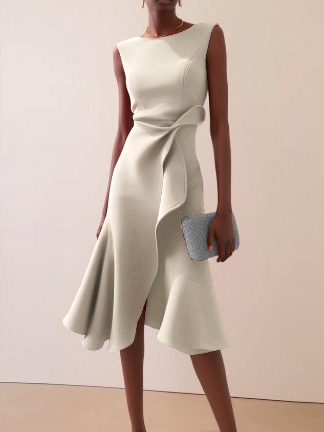 Red Sleeveless Midi Elegant A-line Dress with Waist Twist for Day-to-Night