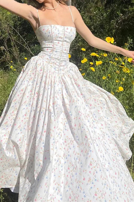 Pleated Spaghetti Strap Floral Dress - FashionDia