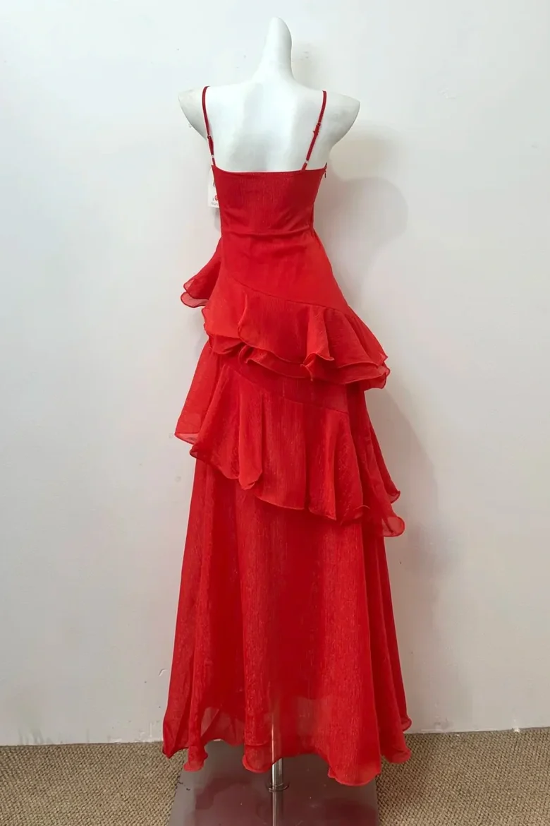 Spaghetti Straps Red Ruffled Long Prom Dress J8348