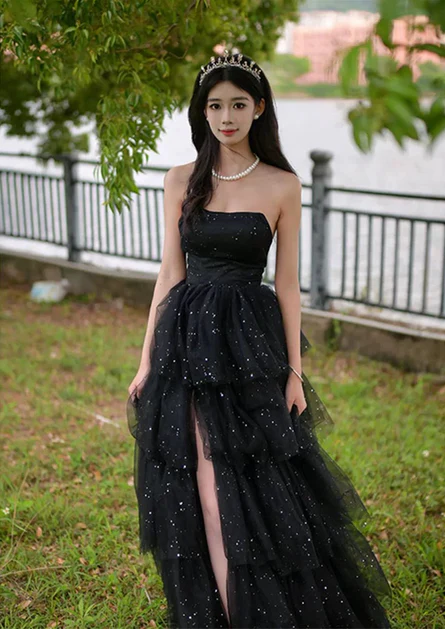 Glitter Black Tulle Layered Long Prom Dress Slit Fairy Ball Gown Party Dress - View 4 | FashionDia