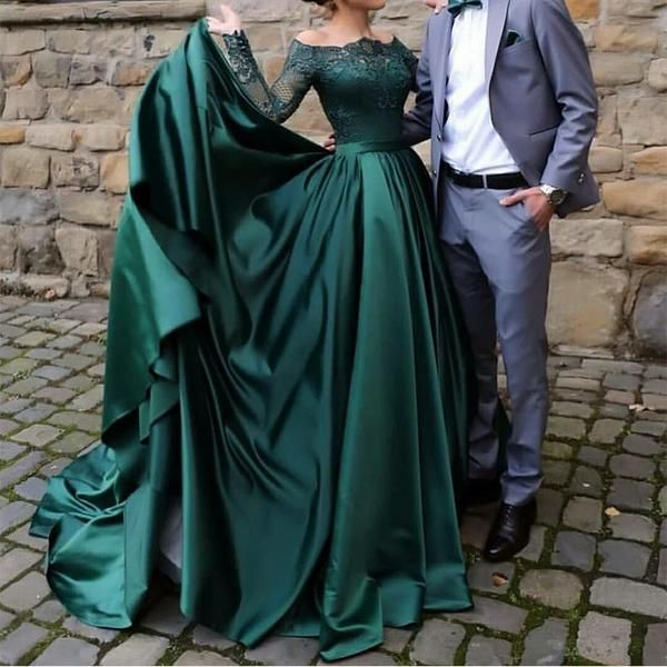 modest dark green party dress, Off-the-Shoulder prom dresses,prom dress with long sleeves, evening gowns with lace - View 2 | FashionDia