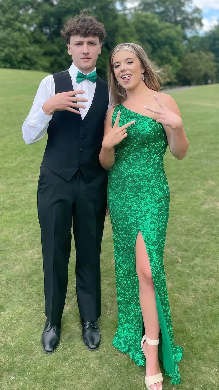 Shiny Green Sequins One-Shoulder Slit Prom Dress Mermaid Party Evening Dress - FashionDia