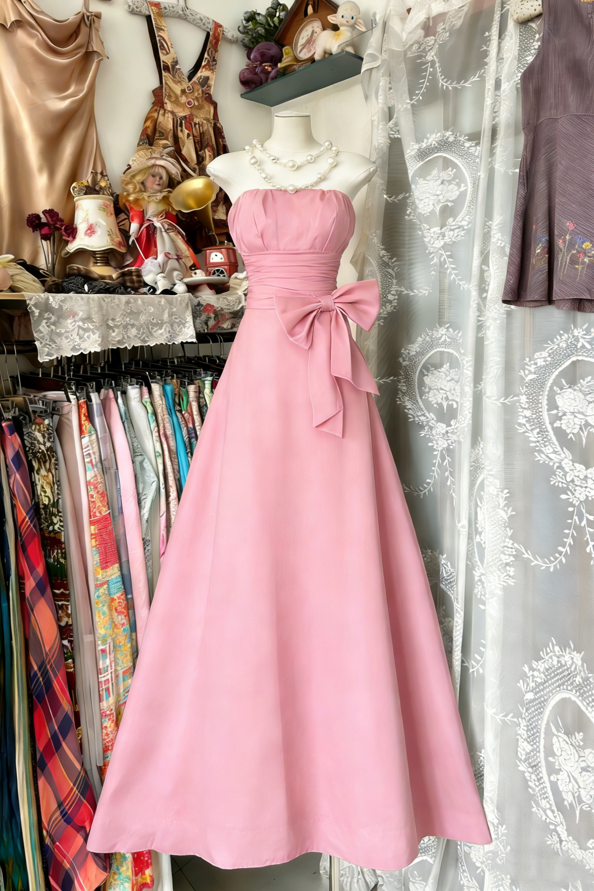 Elegant Navy Blue Strapless Satin Bow A-Line Long Wedding Guest Dress Party Dress - View 6 | FashionDia