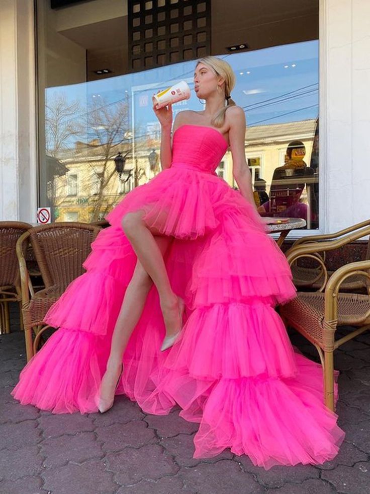 Hot Pink High Low Tulle Long Prom Dresses, Hot Pink High Low Formal Graduation Dresses - VelvetHem