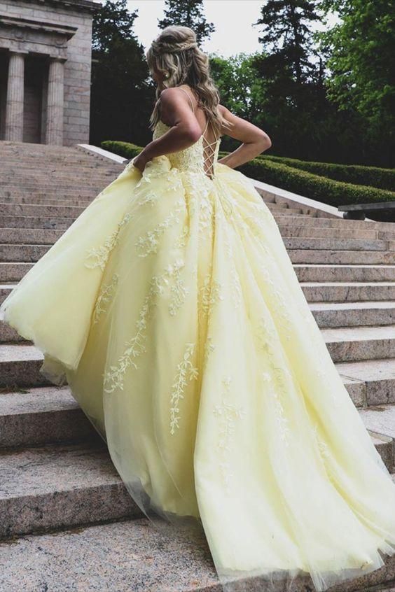 Yellow Lace Prom Dresses, Formal Ball Dress, Evening Dress, Dance Dresses, School Party Gown - FashionDia