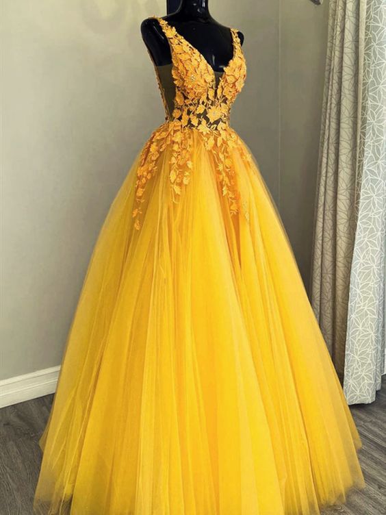Beautiful Yellow V-neckline Low Back Tulle with Lace Long Party Dresses, A-line Tulle Prom Dresses