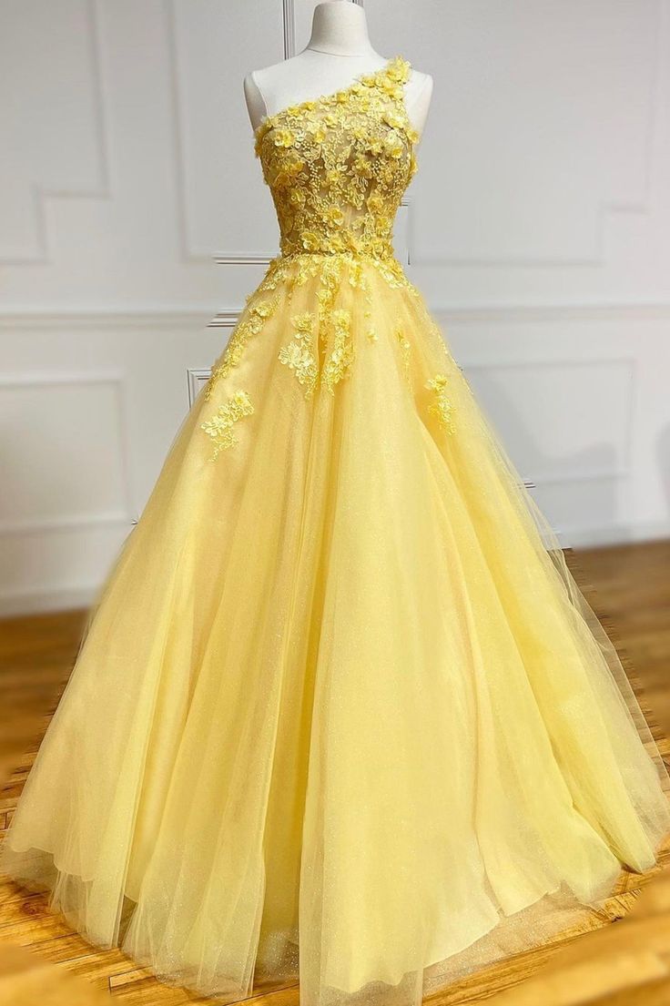 Yellow Lace One Shoulder Evening Dress, A-Line Tulle Long Prom Dress - VelvetHem