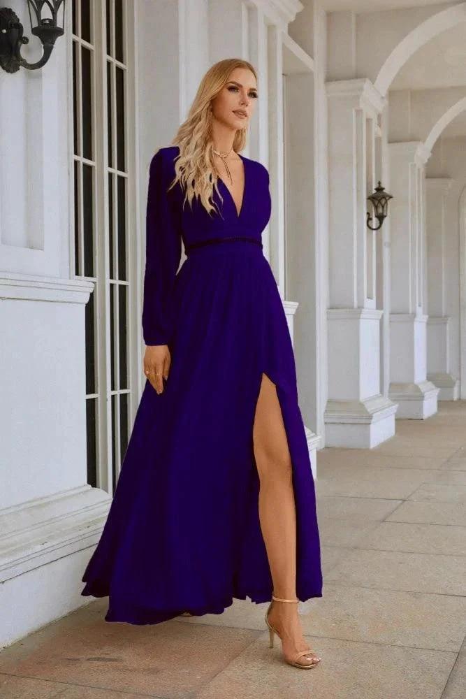 Ladies V Neck Chiffon Long Sleeve Front Slit Bridesmaid Evening Dress Wedding Party Shopping Evening Dress 28109 by numbersea
