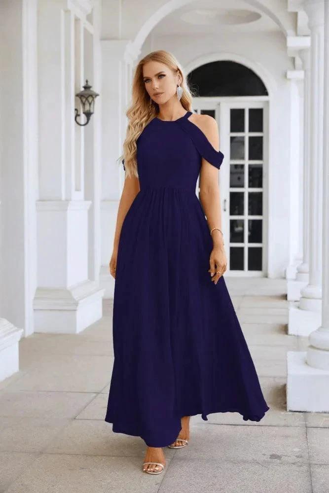 Ladies Chiffon Off Shoulder Swing Sleeve Front Slit Bridesmaid Evening Dress Wedding Party Evening Dress 28117 by numbersea