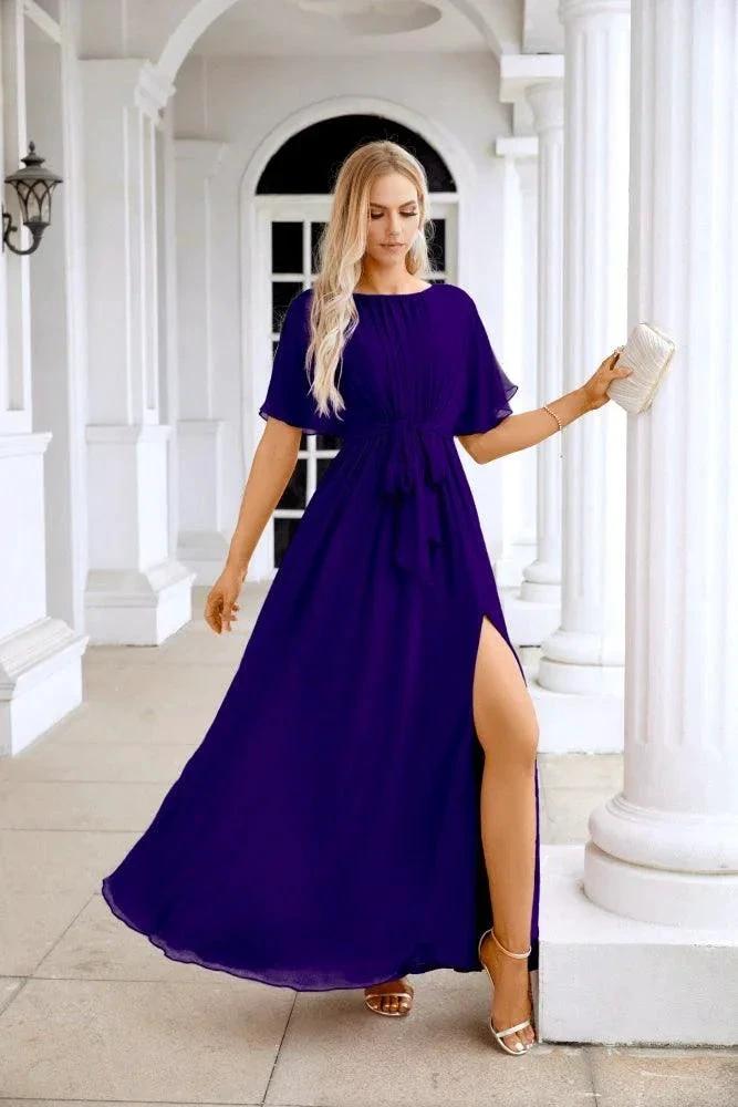Ladies Chiffon Sleeve Crew Neck Front Slit Floor Length Bridesmaid Evening Dress Wedding Party Evening Dress 28124 by numbersea