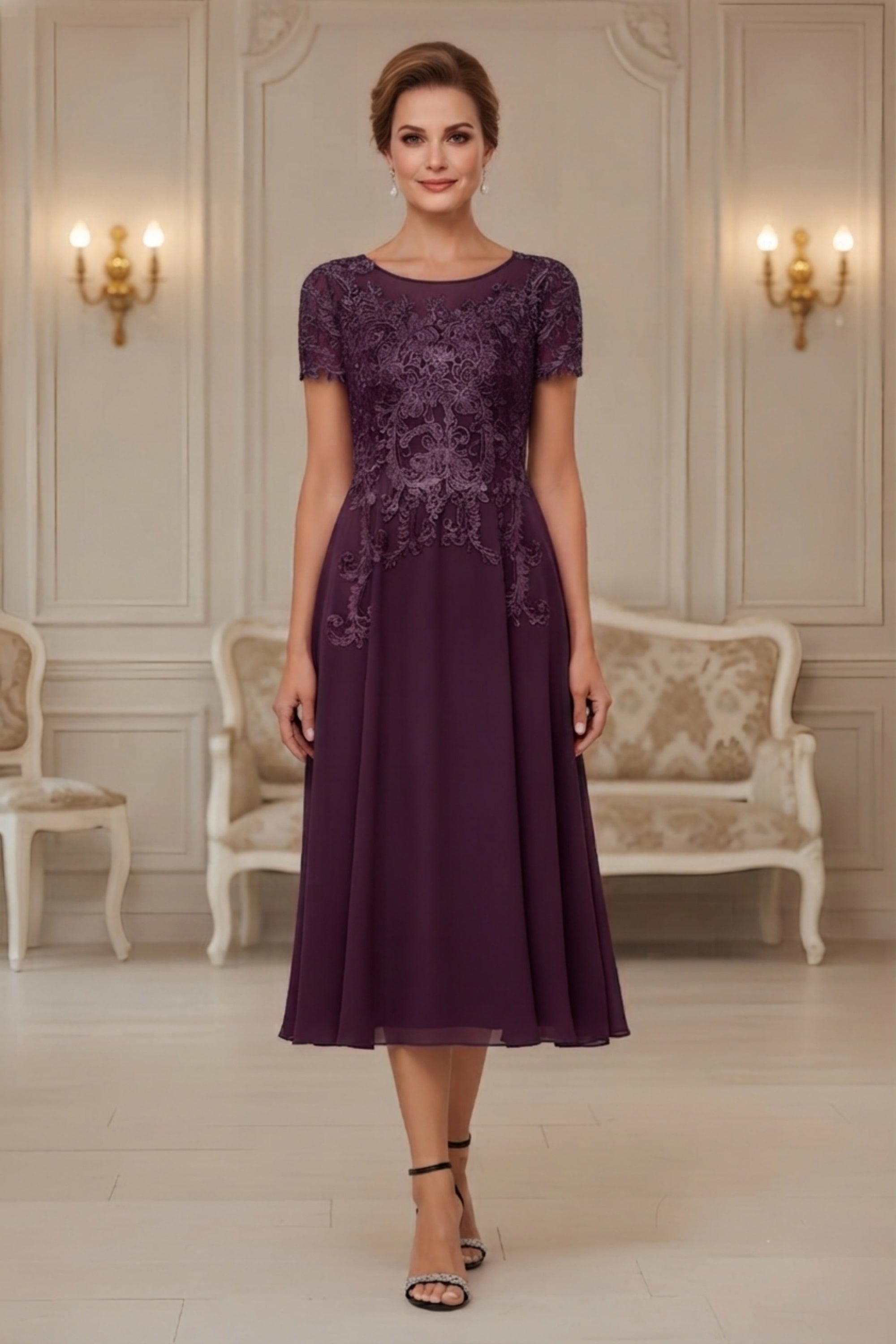 Elegant Lace Embroidery Illusion Neckline Midi Formal Dress