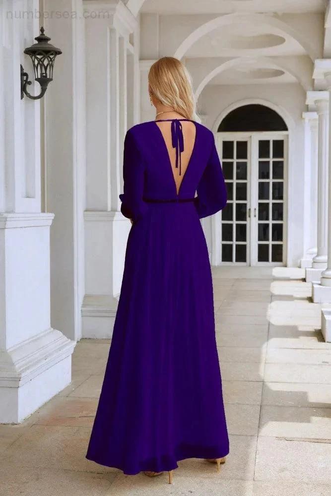 Ladies V Neck Chiffon Long Sleeve Front Slit Bridesmaid Evening Dress Wedding Party Shopping Evening Dress 28109 (ZD16991)