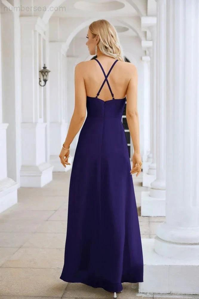 Ladies Chiffon Spaghetti Strap V Neck Front Slit Floor Length Bridesmaid Evening Dress Prom Party Wedding Evening Dress 28116 (ZD17012)