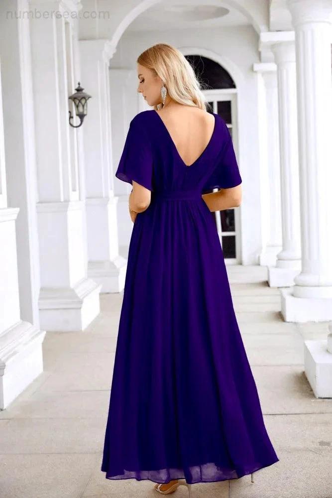 Ladies Chiffon Sleeve Crew Neck Front Slit Floor Length Bridesmaid Evening Dress Wedding Party Evening Dress 28124 (ZD17007)