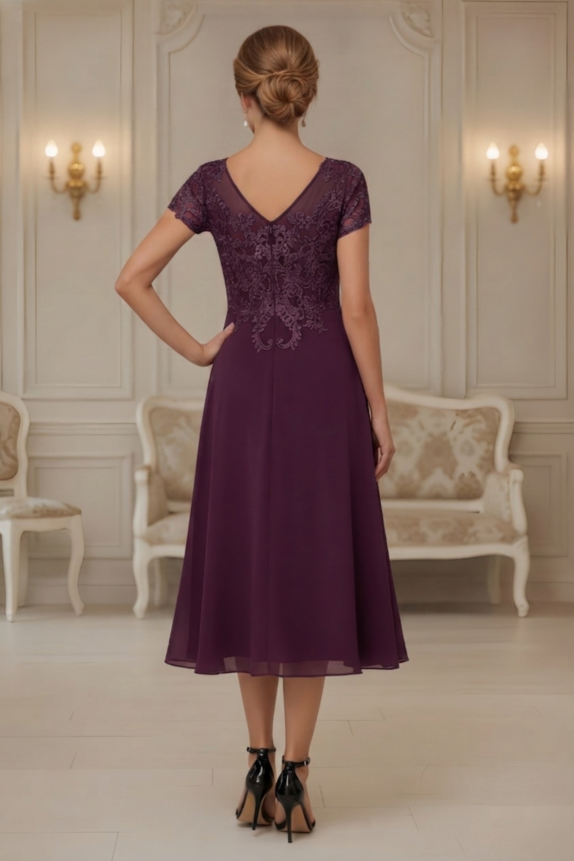 Elegant Lace Embroidery Illusion Neckline Midi Formal Dress