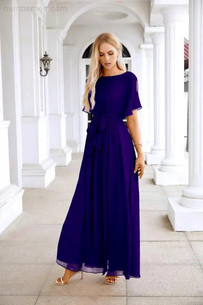 Ladies Chiffon Sleeve Crew Neck Front Slit Floor Length Bridesmaid Evening Dress Wedding Party Evening Dress 28124 (ZD17007)