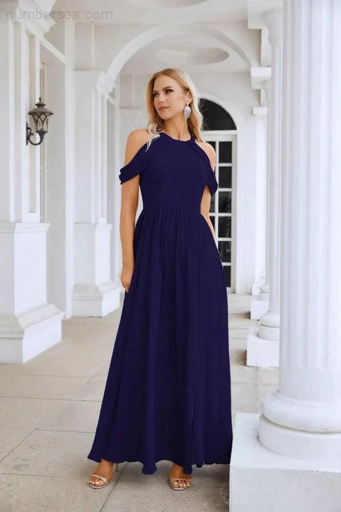 Ladies Chiffon Off Shoulder Swing Sleeve Front Slit Bridesmaid Evening Dress Wedding Party Evening Dress 28117 (ZD17011)