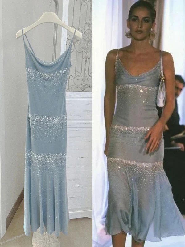 Beautiful Spaghetti Straps Blue Chiffon Beaded Evening Dress,Formal Prom Party Dress - FashionDia