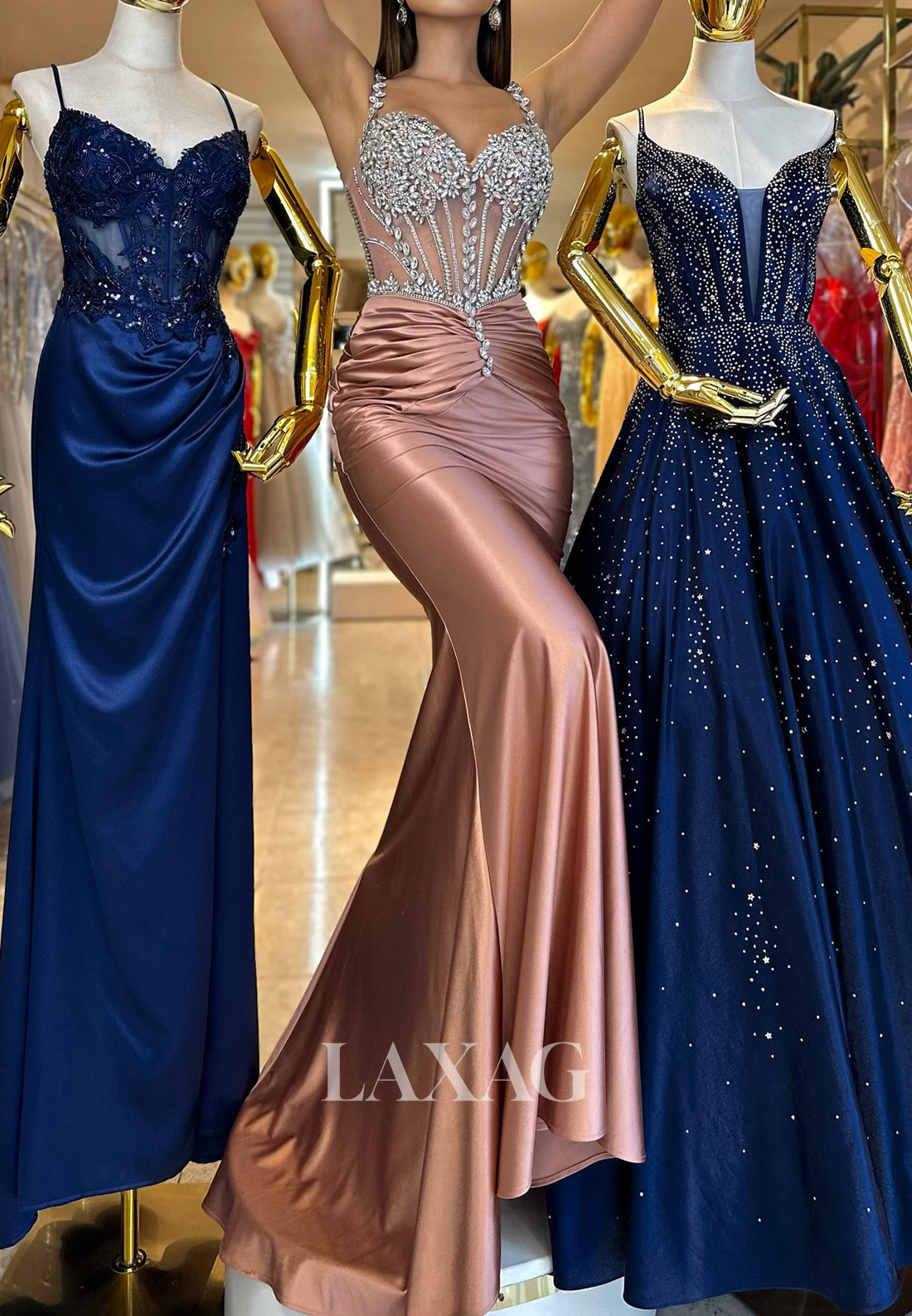 Sweetheart Spaghetti Straps Sleeveless Party Gowns Off-Shoulder Beaded Pleated Mermaid Prom Dress