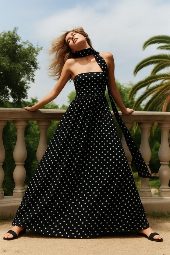 Polka Dot Off-Shoulder Cami Tie Maxi Dress - View 2 | VelvetHem