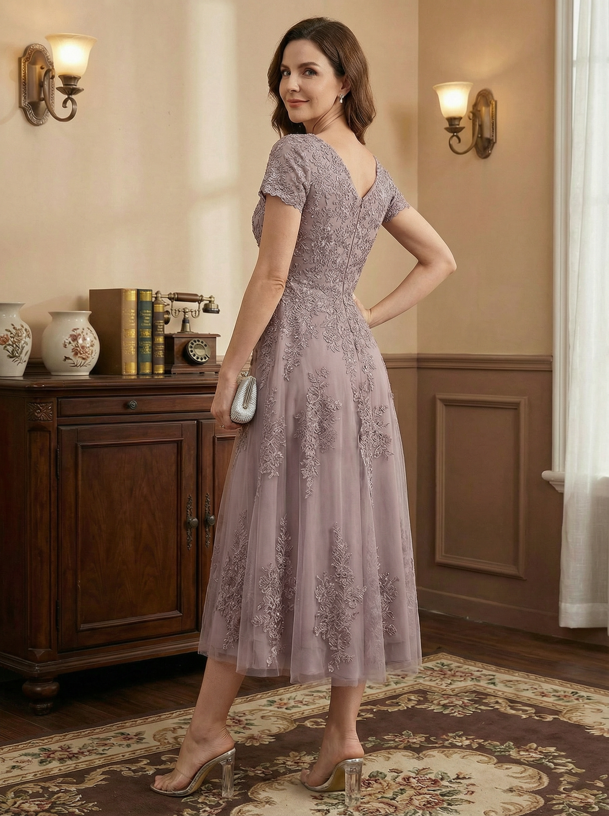A-line Scoop Tea-Length Tulle Lace Mother of the Bride Dress - View 2 | FashionDia