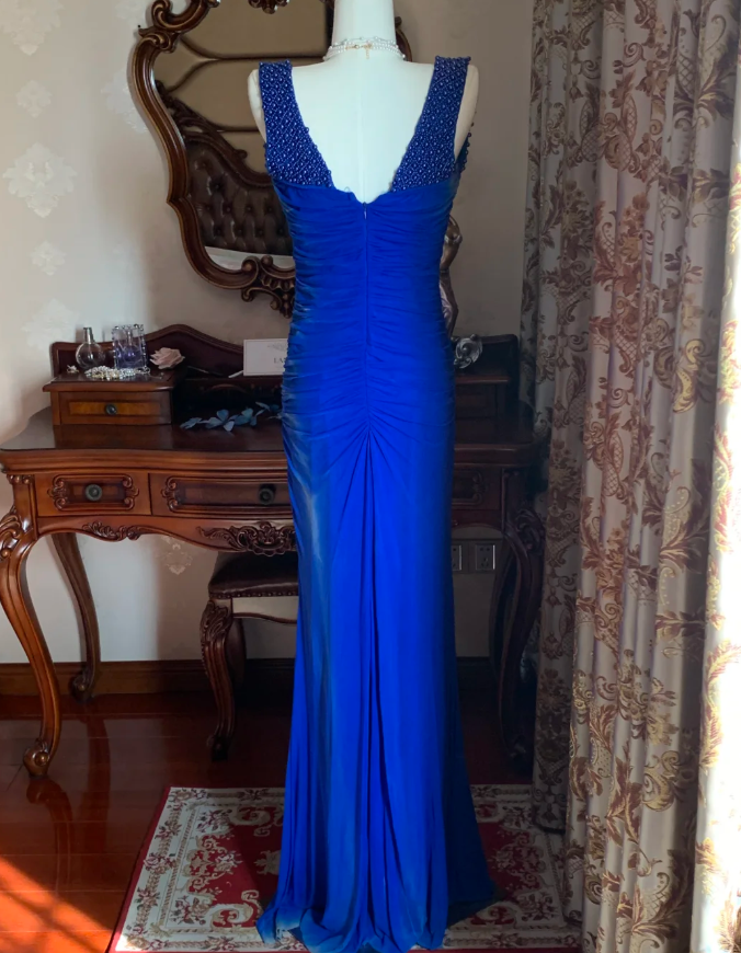 Sexy Royal Blue Tulle Pleated Beaded Mermaid Long Wedding Guest Dress Evening Dress - View 5 | FashionDia
