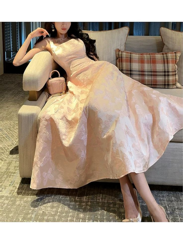 Chic Spaghetti Straps Pink Satin Print Prom Dress Evening Party Dress - View 4 | FashionDia