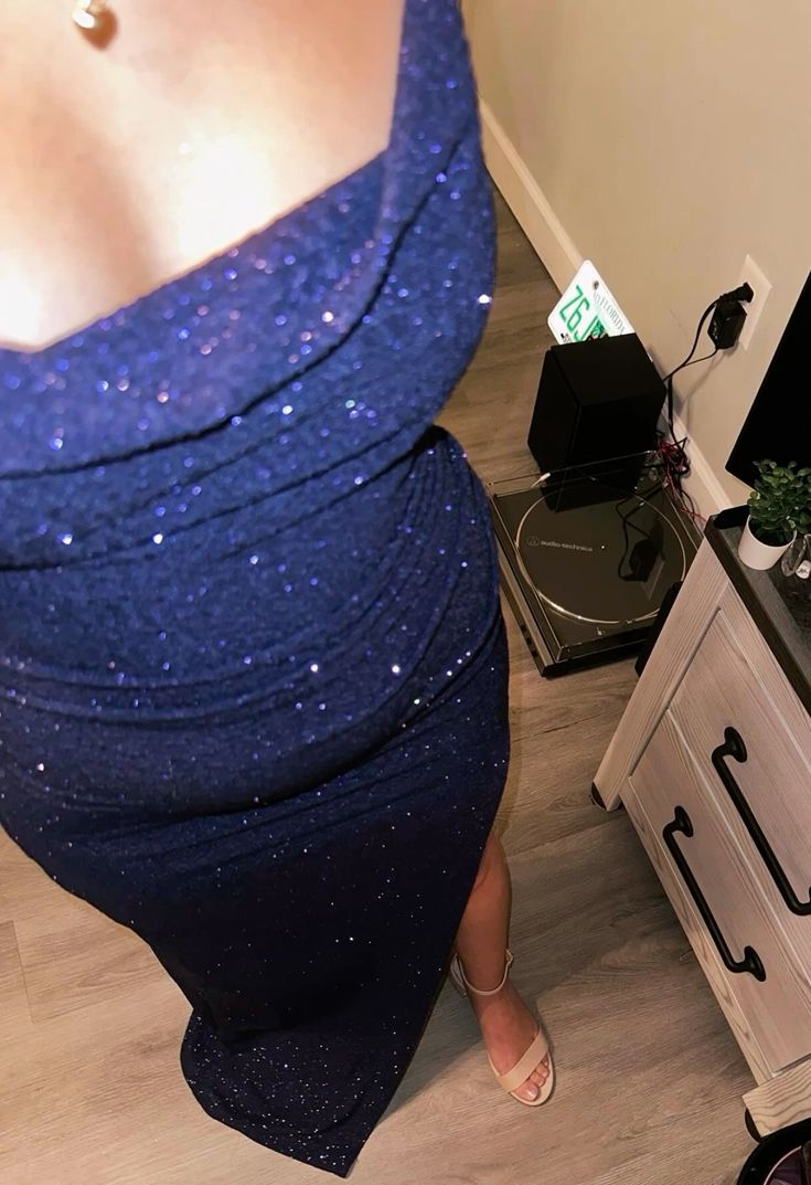 Pretty Spaghetti Straps Navy Blue Sequin Slit Evening Dress Long Wedding Guest Dress Prom Dress - FashionDia